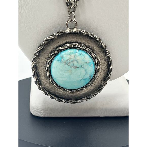 YOCHI NY Designer Turquoise Blue Round Large Round Cabochon Pendant Necklace 36” - Picture 4 of 9